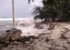 KIRIBATI - MARCH 14:  (BEST QUALITY AVAILABLE) In this handout image provided by Plan International Australia, debris is left by a strom surge after flood waters moved inland, March 14, 2015 on the island of Kiribati. Cyclone Pam is pounding South Pacific islands with hurricane force winds, huge ocean swells and flash flooding. (Photo by Plan International Australia via Getty Images)